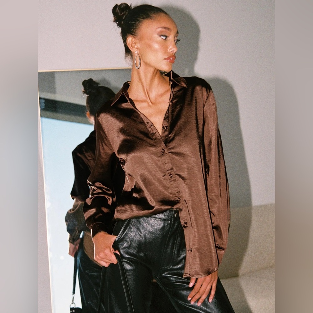 Princess Polly Brown Satin Button Up